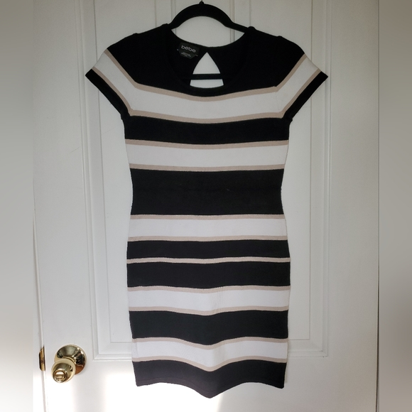 bebe - Stripped Black White Cream Bodycon Dress - Picture 1 of 3